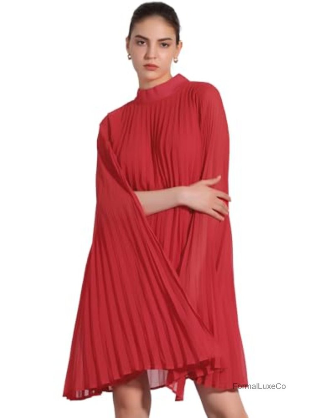 Allegra K Women Chiffon Pleated Flowy Cape Sleeve Mock Neck Knee Length Dress